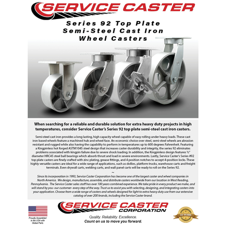 Service Caster 12 Inch Extra Heavy Duty Semi Steel Cast Iron Wheel Swivel Top Plate Caster SCC SCC-KP92S1230-SSR